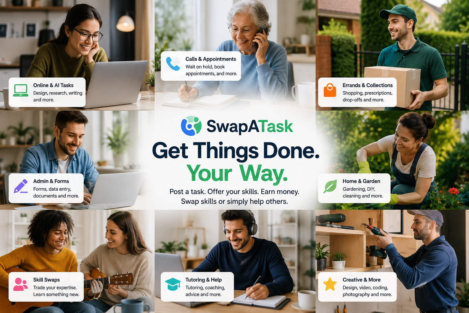 People helping with online tasks, appointments, errands, gardening, tutoring and creative work